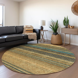 HomeRoots 5' Washable Indoor Outdoor Area Rug in Wheat Brown and Teal Blue Stripes - Durable, Stylish, Versatile 8' Round 614853