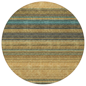 HomeRoots 5' Washable Indoor Outdoor Area Rug in Wheat Brown and Teal Blue Stripes - Durable, Stylish, Versatile 8' Round 614853