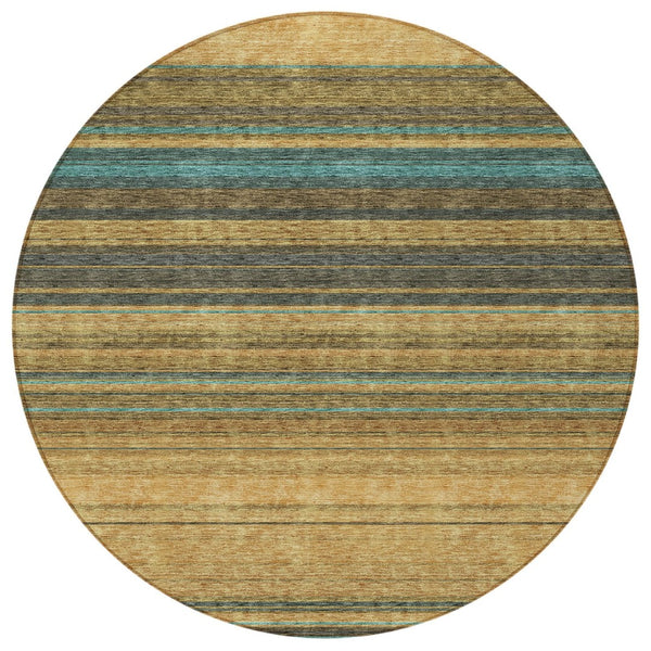 HomeRoots 5' Washable Indoor Outdoor Area Rug in Wheat Brown and Teal Blue Stripes - Durable, Stylish, Versatile 8' Round 614853