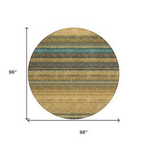 HomeRoots 5' Washable Indoor Outdoor Area Rug in Wheat Brown and Teal Blue Stripes - Durable, Stylish, Versatile 8' Round 614853