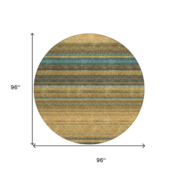 HomeRoots 5' Washable Indoor Outdoor Area Rug in Wheat Brown and Teal Blue Stripes - Durable, Stylish, Versatile 8' Round 614853