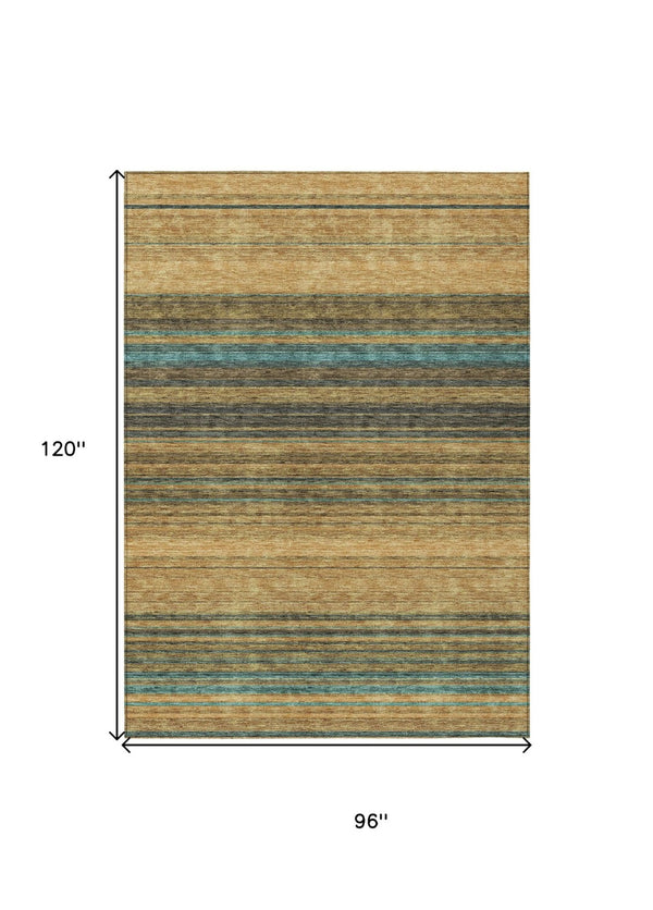 HomeRoots 5' Washable Indoor Outdoor Area Rug in Wheat Brown and Teal Blue Stripes - Durable, Stylish, Versatile 8' X 10' 614854