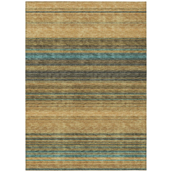 HomeRoots 5' Washable Indoor Outdoor Area Rug in Wheat Brown and Teal Blue Stripes - Durable, Stylish, Versatile 8' X 10' 614854