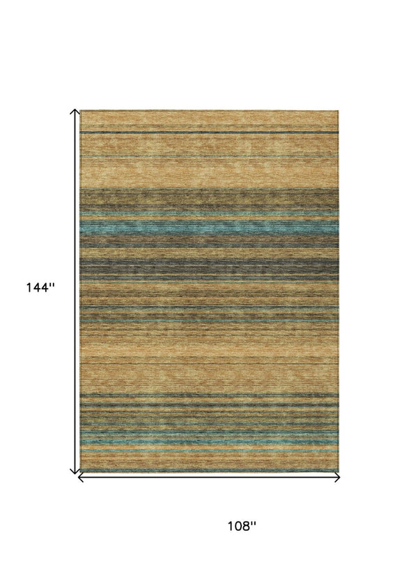 HomeRoots 5' Washable Indoor Outdoor Area Rug in Wheat Brown and Teal Blue Stripes - Durable, Stylish, Versatile 9' X 12' 614855