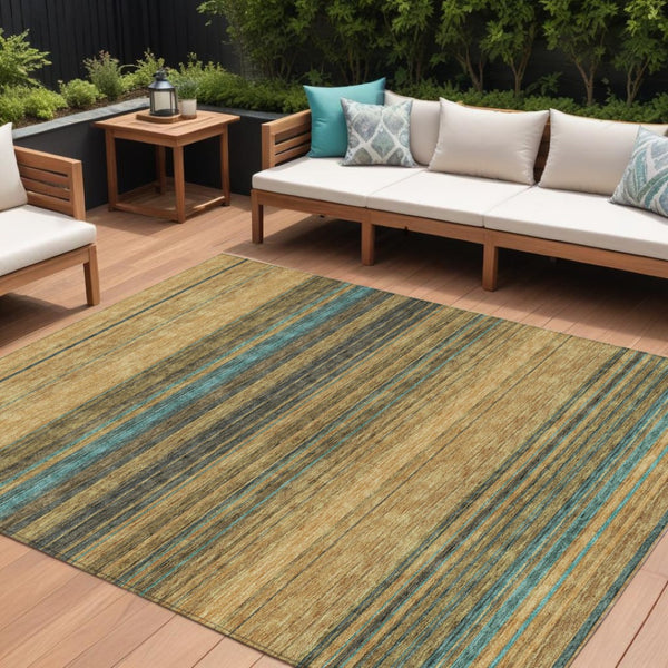 HomeRoots 5' Washable Indoor Outdoor Area Rug in Wheat Brown and Teal Blue Stripes - Durable, Stylish, Versatile 9' X 12' 614855