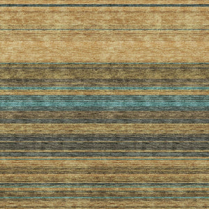 HomeRoots 5' Washable Indoor Outdoor Area Rug in Wheat Brown and Teal Blue Stripes - Durable, Stylish, Versatile 9' X 12' 614855
