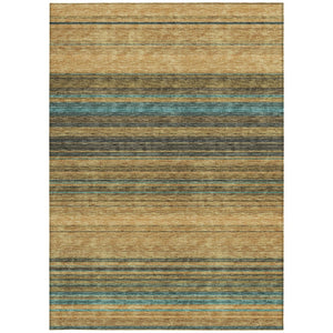 HomeRoots 5' Washable Indoor Outdoor Area Rug in Wheat Brown and Teal Blue Stripes - Durable, Stylish, Versatile 10' X 14' 614856