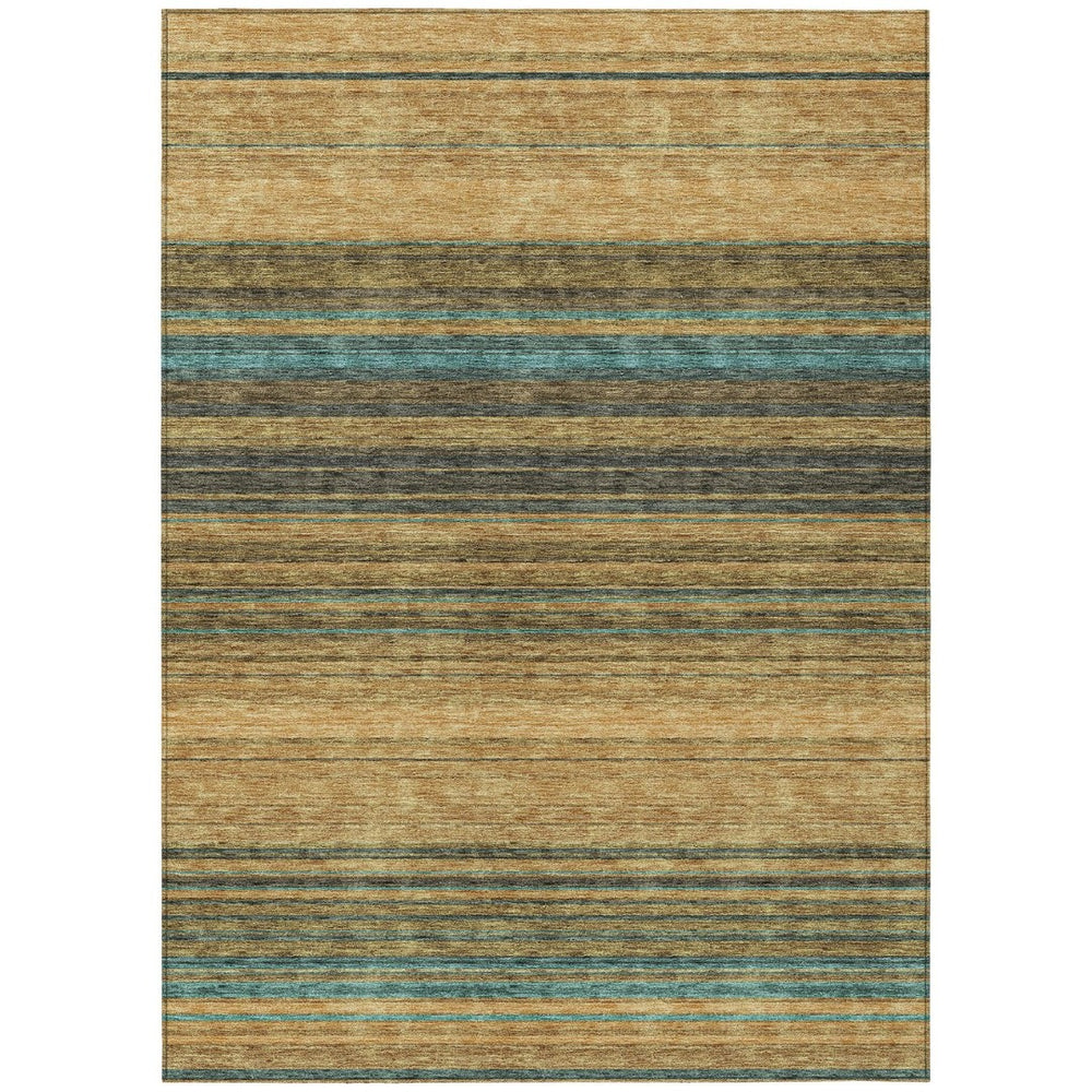 HomeRoots 5' Washable Indoor Outdoor Area Rug in Wheat Brown and Teal Blue Stripes - Durable, Stylish, Versatile 10' X 14' 614856