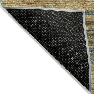 HomeRoots 5' Washable Indoor Outdoor Area Rug in Wheat Brown and Teal Blue Stripes - Durable, Stylish, Versatile 10' X 14' 614856