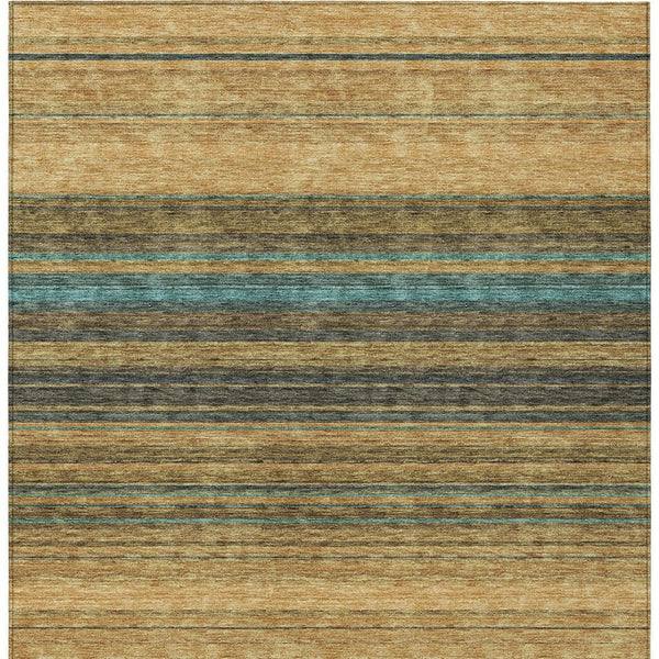 HomeRoots 5' Washable Indoor Outdoor Area Rug in Wheat Brown and Teal Blue Stripes - Durable, Stylish, Versatile 10' X 14' 614856