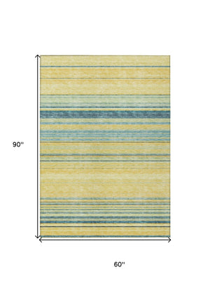 HomeRoots 5' Vibrant Yellow and Blue Striped Indoor-Outdoor Area Rug - Durable, Washable, Stylish Accent Piece 5' X 8' 614858