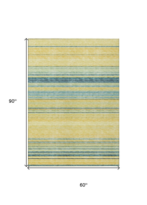 HomeRoots 5' Vibrant Yellow and Blue Striped Indoor-Outdoor Area Rug - Durable, Washable, Stylish Accent Piece 5' X 8' 614858