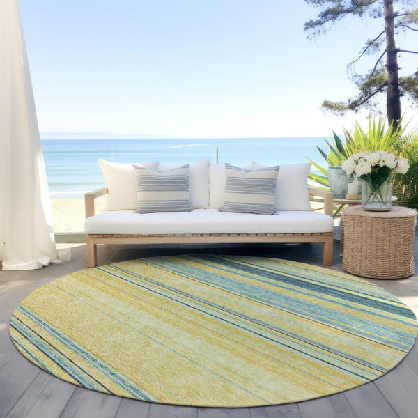 HomeRoots 5' Vibrant Yellow and Blue Striped Indoor-Outdoor Area Rug - Durable, Washable, Stylish Accent Piece 8' Round 614859