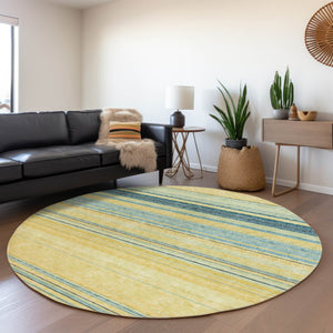 HomeRoots 5' Vibrant Yellow and Blue Striped Indoor-Outdoor Area Rug - Durable, Washable, Stylish Accent Piece 8' Round 614859