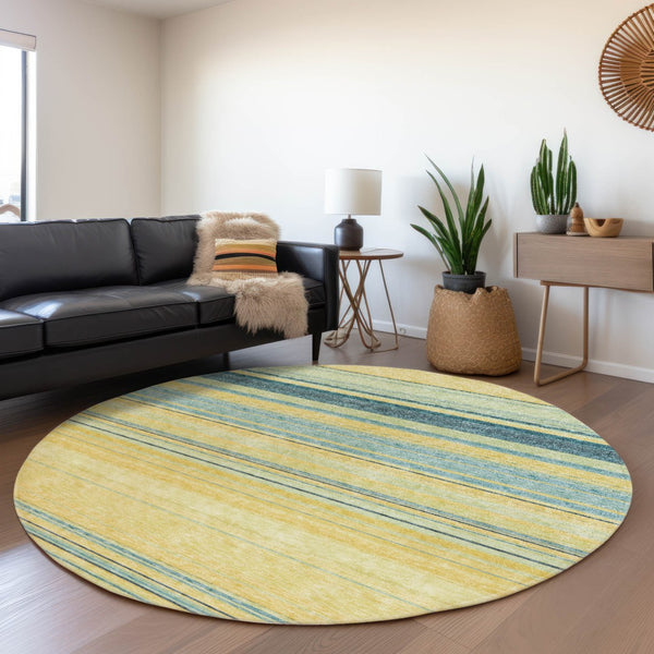 HomeRoots 5' Vibrant Yellow and Blue Striped Indoor-Outdoor Area Rug - Durable, Washable, Stylish Accent Piece 8' Round 614859