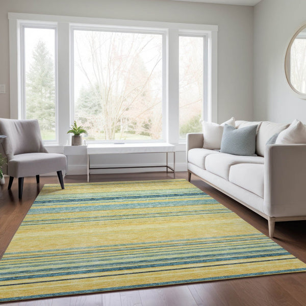 HomeRoots 5' Vibrant Yellow and Blue Striped Indoor-Outdoor Area Rug - Durable, Washable, Stylish Accent Piece 10' X 14' 614862