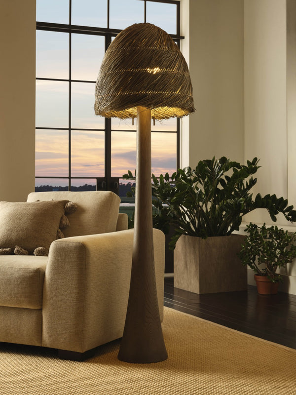 Wildwood Tulum Sculptural Floor Lamp With Carved Wood Base & Handwoven Grass Shade For Warm Ambient Glow 61487