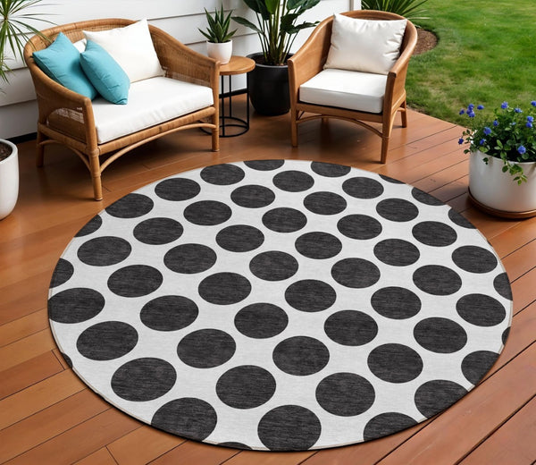HomeRoots 5' Black and Ivory Polka Dot Washable Area Rug - Durable Design for Indoor and Outdoor Spaces 8' Round 614871
