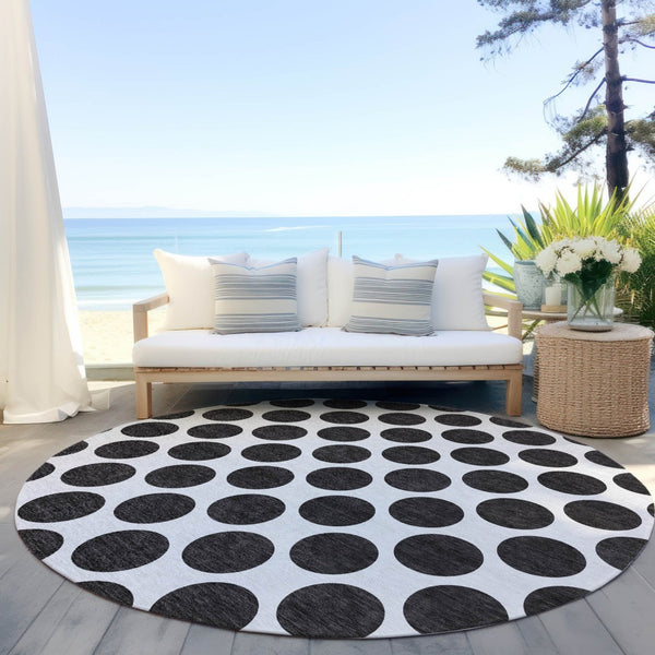 HomeRoots 5' Black and Ivory Polka Dot Washable Area Rug - Durable Design for Indoor and Outdoor Spaces 8' Round 614871