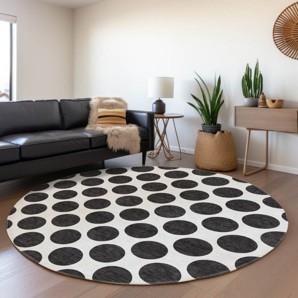 HomeRoots 5' Black and Ivory Polka Dot Washable Area Rug - Durable Design for Indoor and Outdoor Spaces 8' Round 614871