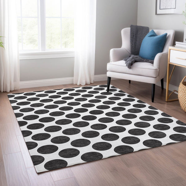HomeRoots 5' Black and Ivory Polka Dot Washable Area Rug - Durable Design for Indoor and Outdoor Spaces 10' X 14' 614874