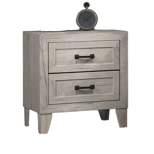 English Elm 3pc Eastern King Bedroom Set Whitewash Tufted Headboard Shelving Light Nightstands B2741S00224