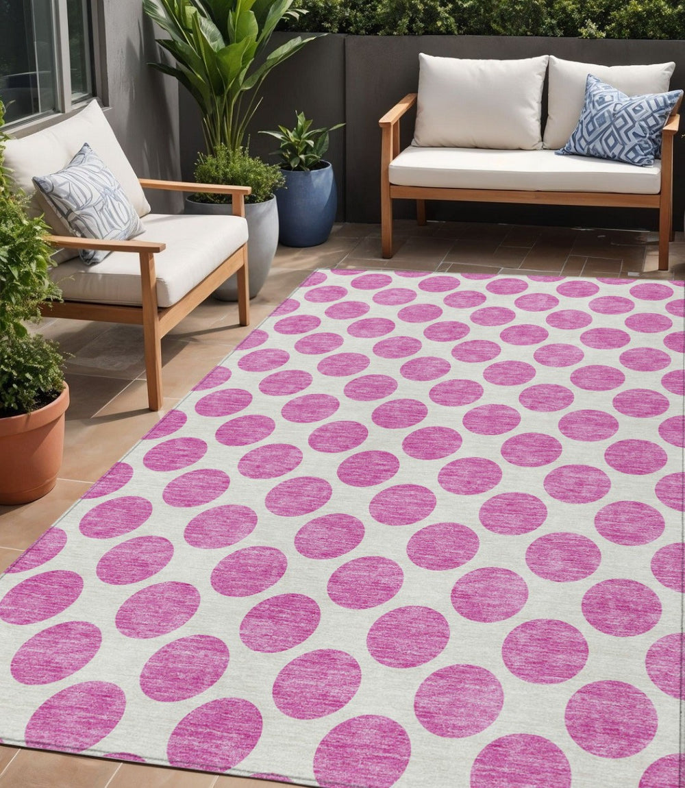 HomeRoots 5' Blush and Ivory Polka Dot Area Rug - Stylish, Washable, Durable for Indoor and Outdoor Spaces 5' X 8' 614876