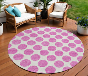 HomeRoots 5' Blush and Ivory Polka Dot Area Rug - Stylish, Washable, Durable for Indoor and Outdoor Spaces 8' Round 614877