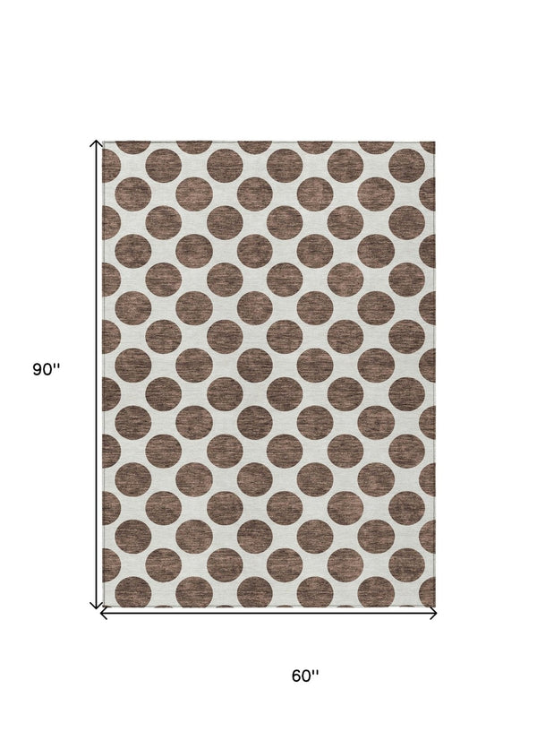 HomeRoots 5' Durable Brown and Ivory Polka Dot Area Rug – Washable, Stylish for Indoor and Outdoor Spaces 5' X 8' 614882