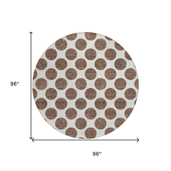 HomeRoots 5' Durable Brown and Ivory Polka Dot Area Rug – Washable, Stylish for Indoor and Outdoor Spaces 8' Round 614883