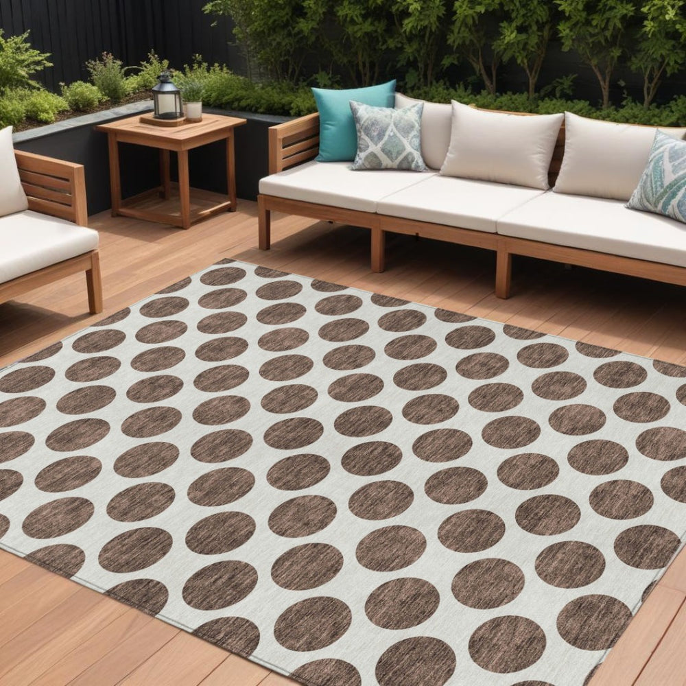 HomeRoots 5' Durable Brown and Ivory Polka Dot Area Rug – Washable, Stylish for Indoor and Outdoor Spaces 10' X 14' 614886
