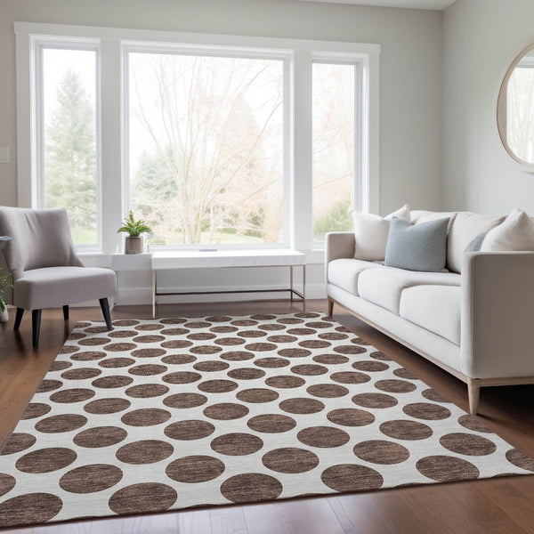 HomeRoots 5' Durable Brown and Ivory Polka Dot Area Rug – Washable, Stylish for Indoor and Outdoor Spaces 10' X 14' 614886