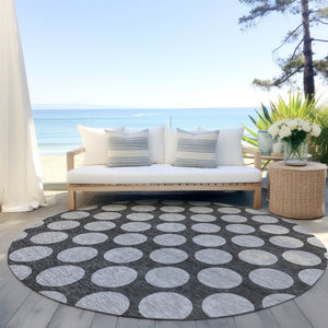 HomeRoots 5' Charcoal and Ivory Polka Dot Indoor Outdoor Area Rug – Durable, Washable, Stylish for Any Space 8' Round 614889