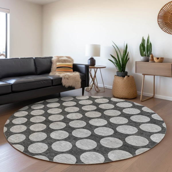 HomeRoots 5' Charcoal and Ivory Polka Dot Indoor Outdoor Area Rug – Durable, Washable, Stylish for Any Space 8' Round 614889