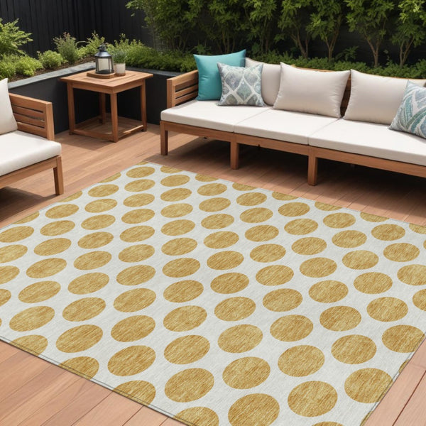 HomeRoots 5' Gold and Ivory Polka Dot Indoor Outdoor Area Rug - Durable, Washable, Non-Slip for Any Space 10' X 14' 614898