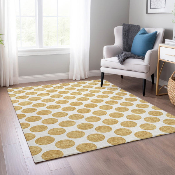HomeRoots 5' Gold and Ivory Polka Dot Indoor Outdoor Area Rug - Durable, Washable, Non-Slip for Any Space 10' X 14' 614898