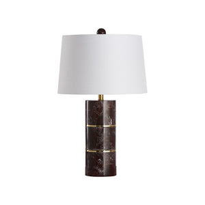 Wildwood Kamden Maroon Marble Table Lamp With Brass Accents, 28" Cylindrical White Shade — Warm Ambient Light 61490