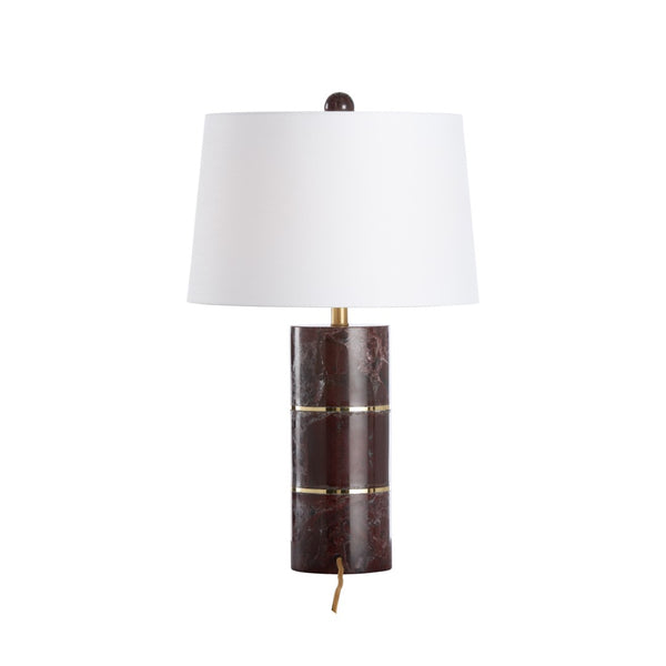 Wildwood Kamden Maroon Marble Table Lamp With Brass Accents, 28" Cylindrical White Shade — Warm Ambient Light 61490
