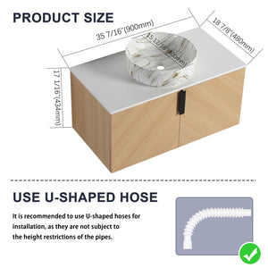 English Elm 36" Modern Bathroom Vanity With Ceramic Sink & Stone Slab, Wall-Mounted, Soft-Close Doors, Oak Finish W999S00450