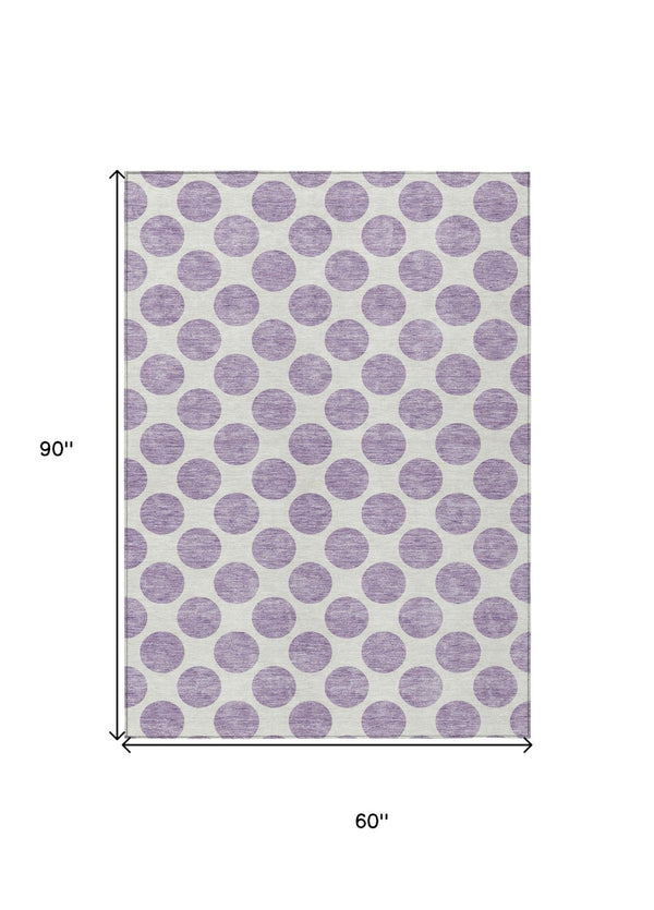 HomeRoots 5' Durable Lavender and Ivory Polka Dot Area Rug – Stylish, Washable, Indoor-Outdoor Charm for Homes 5' X 8' 614912