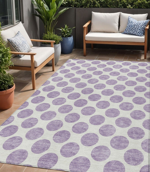 HomeRoots 5' Durable Lavender and Ivory Polka Dot Area Rug – Stylish, Washable, Indoor-Outdoor Charm for Homes 5' X 8' 614912