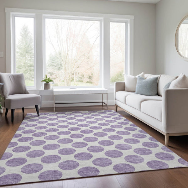HomeRoots 5' Durable Lavender and Ivory Polka Dot Area Rug – Stylish, Washable, Indoor-Outdoor Charm for Homes 5' X 8' 614912