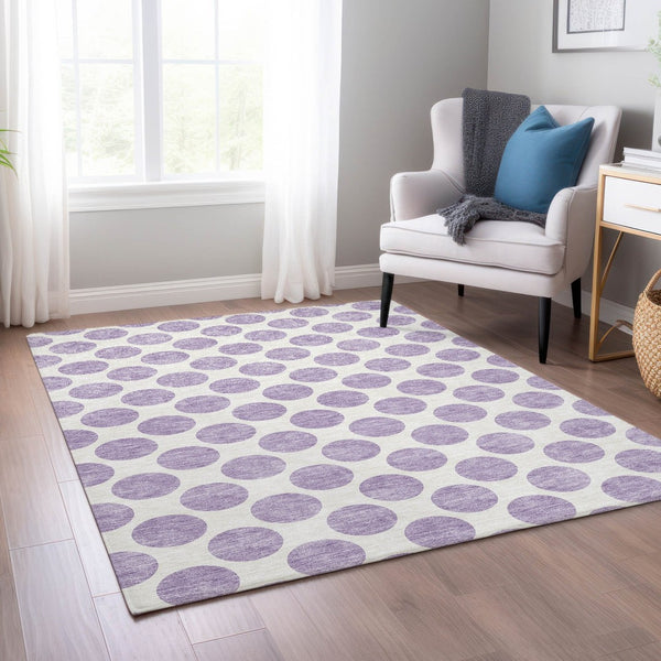 HomeRoots 5' Durable Lavender and Ivory Polka Dot Area Rug – Stylish, Washable, Indoor-Outdoor Charm for Homes 5' X 8' 614912