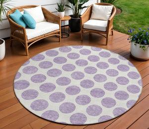 HomeRoots 5' Durable Lavender and Ivory Polka Dot Area Rug – Stylish, Washable, Indoor-Outdoor Charm for Homes 8' Round 614913