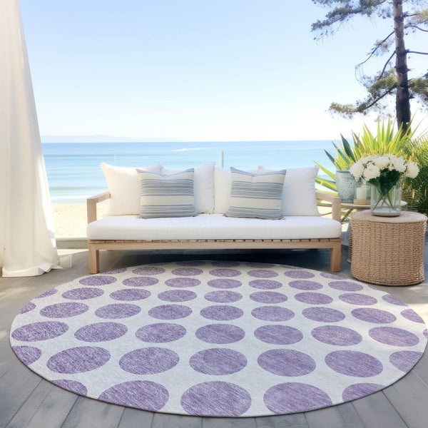 HomeRoots 5' Durable Lavender and Ivory Polka Dot Area Rug – Stylish, Washable, Indoor-Outdoor Charm for Homes 8' Round 614913