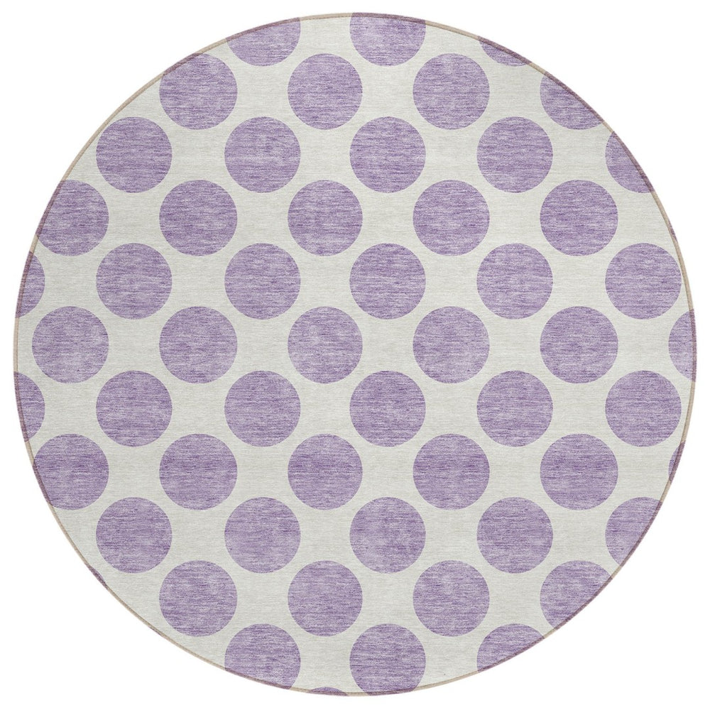 HomeRoots 5' Durable Lavender and Ivory Polka Dot Area Rug – Stylish, Washable, Indoor-Outdoor Charm for Homes 8' Round 614913