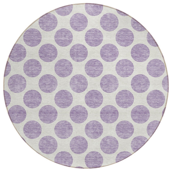 HomeRoots 5' Durable Lavender and Ivory Polka Dot Area Rug – Stylish, Washable, Indoor-Outdoor Charm for Homes 8' Round 614913