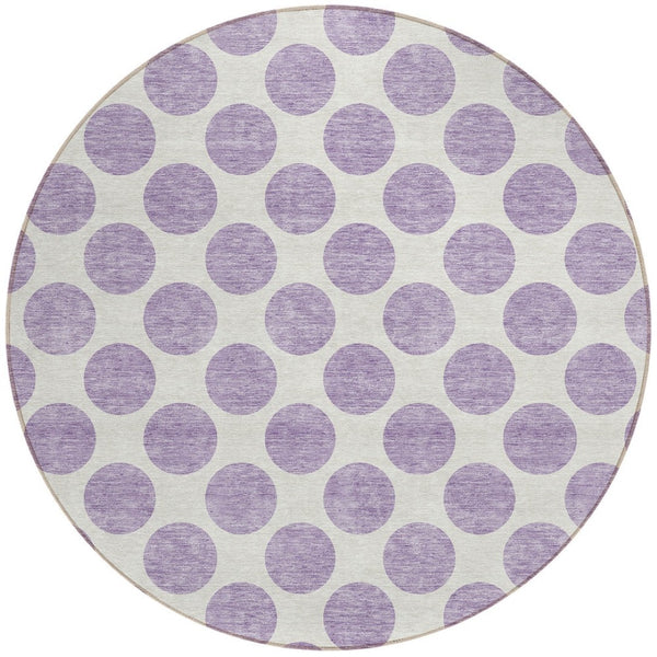 HomeRoots 5' Durable Lavender and Ivory Polka Dot Area Rug – Stylish, Washable, Indoor-Outdoor Charm for Homes 8' Round 614913