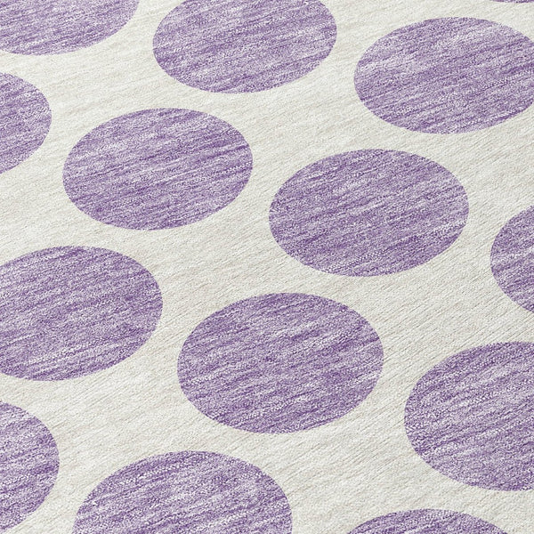 HomeRoots 5' Durable Lavender and Ivory Polka Dot Area Rug – Stylish, Washable, Indoor-Outdoor Charm for Homes 8' Round 614913