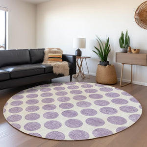 HomeRoots 5' Durable Lavender and Ivory Polka Dot Area Rug – Stylish, Washable, Indoor-Outdoor Charm for Homes 8' Round 614913